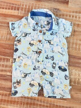 Posh peanut police bamboo short sleeve collared button front romper 12-18m